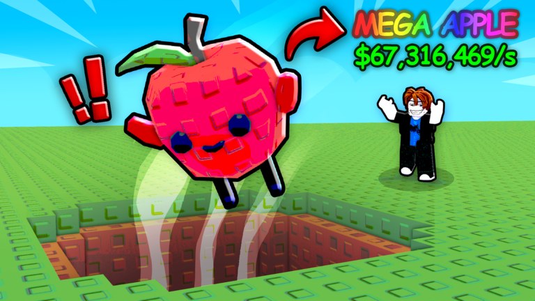Drop a Fruit key art: a giant red Mega Apple with arms and legs jumping into a square hole in a grass plot